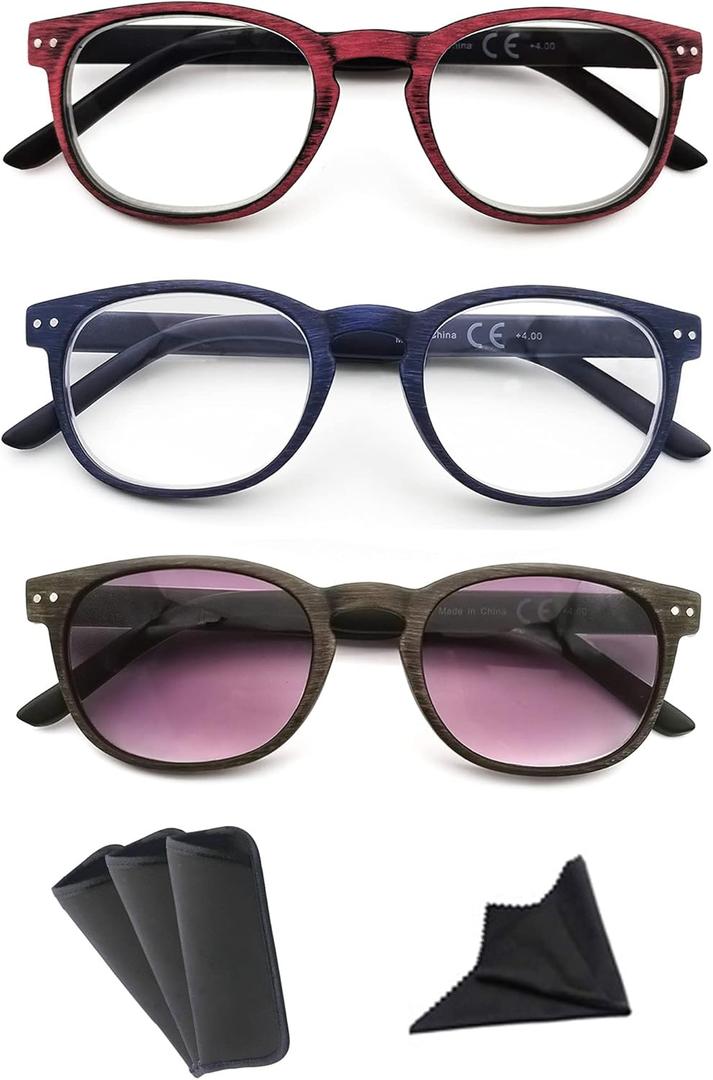 Reading Glasses Men Women Wood Grain Pattern Readers +0.75 With Sunglasses Readers 3 Pack