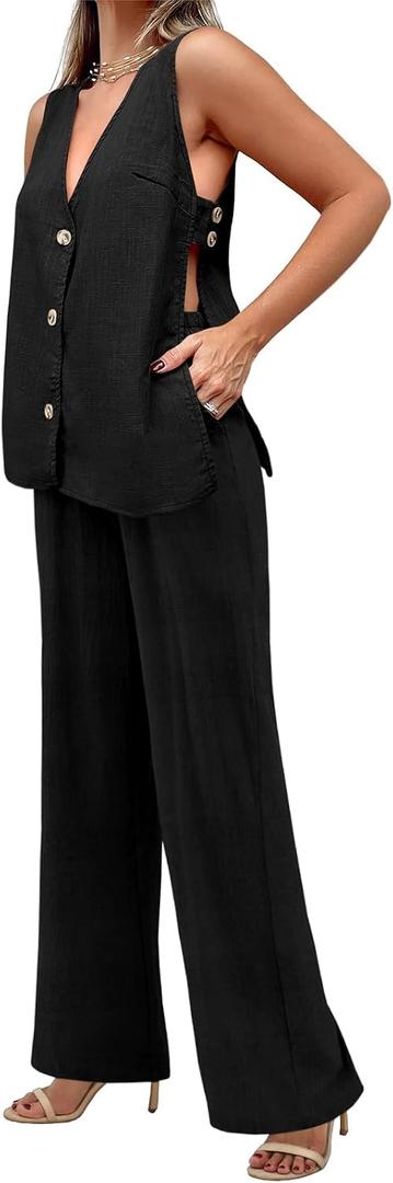 Tankaneo Womens 2 Piece Linen Sets Summer Outfits Sleeveless V Neck Botton Down Tank Tops and Pants Matching Set (Black, L)