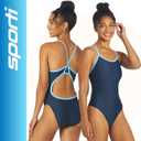 Sporti Solid Piped Thin Strap One Piece Swimsuit (34, Navy/Light Blue)