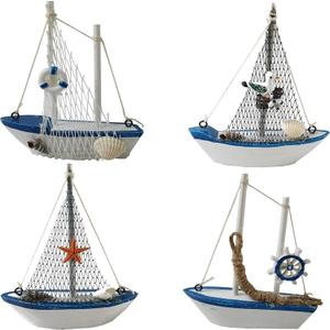 TIHOOD 4PCS Mini Sailboat Model Decoration Wooden Miniature Sailing Boat Home Decor Set, Beach Nautical Design, Navy Blue and White, 4.4 x 6.8 Inch (StyleB)