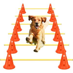 Dog Agility Hurdle Cone Set Dog Agility Course Backyard Set Include 12 Agility Cones 6 Agility Rods Dog Agility Training Equipment Height Adjustable Obstacle with Storage Bag Orange (11.81inch)