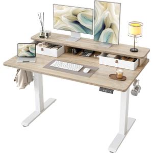 TIQLAB Standing Desk with Two Drawers, Stand Up Standing Desk Adjustable Height, Electric Sit Stand Table with Storage Shelf and Splice Board, 48 * 24 inch, Maple