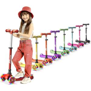 Mini 3-Wheel Kids Scooter with Multi-Color Wheel Lights  4-Height Adjustable Handlebar, Wide Anti-Slip Deck, Child Safety Certified, Boys & Girls Ages 2+ Supports Up to 110 lbs (Red)