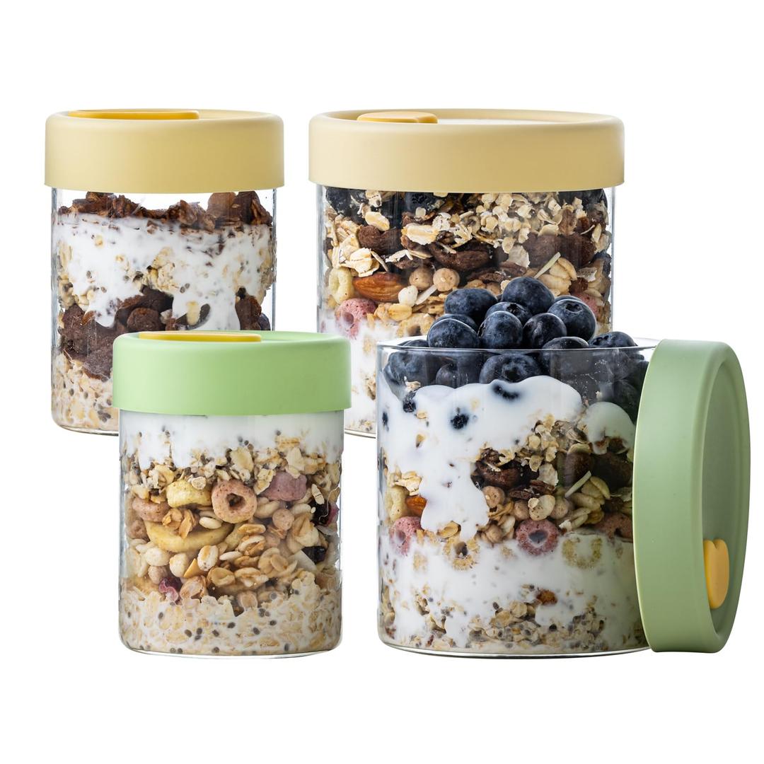 Overnight Oats Containers with Lids, 22oz & 16 oz Glass Jars with Airtight Lids, Wide Mouth Overnight Oats Jar, Salad Meal Prep Jars for Food Storage Yogurt & Cereal (4PCS)