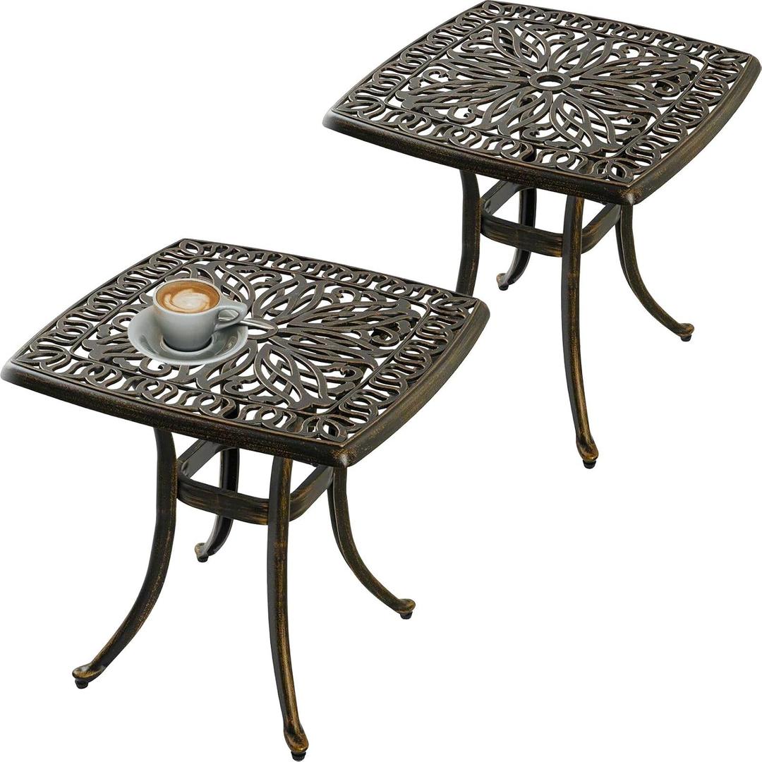 Outdoor 21" Cast Aluminum Square Side Table Set of 2 End Table for Patio, Backyard, Pool, Indoor Companion, Easy Maintenance and Weather Resistant, Bronze (Bronze), 19 inches * 19 inches * 20.9 inches
