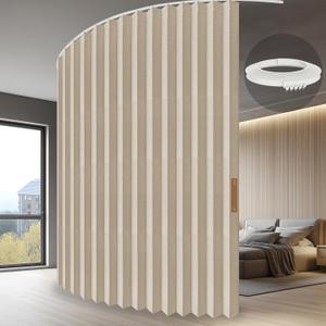 JILRON Accordion Folding Room Partition with Ceiling Track - Retractable Room Divider Curtain, Effortless Setup(Beige 100" W x 84" L-Pack of 1)
