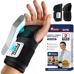 FEATOL 2 Pack Carpal Tunnel Wrist Brace For Work With Wrist Splint, 6.5'' Wrist Brace Night Support For Women Men, Pain Relief For Tendonitis, Arthritis, Pregnancy, Typing, Right and Left Hand, Medium