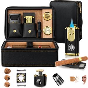 Travel Cigar Humidor Set, 2-Layer Design & CedarWood Lined, with Cigar Lighter Built-in V Cutter&Holder, Cigar Cutter, Draw Enhancer, Hygrometer, Humidifier, Portable Leather Cigar Case, Gifts for Men (Black Gold)