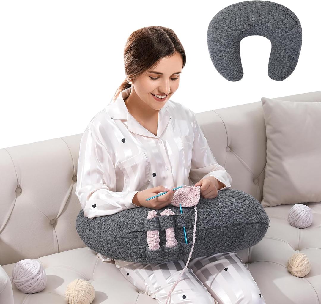 HOMBYS Crochet Pillow for Lap Support, Gaming & Reading Arm Rest Pillow, Soft Lap Desk Pillow with Crochet Cover (Dark Grey)