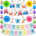 4 x 32Pcs Easter Decorations Easter Decor Happy Easter Banner Egg Bunny Garland Hanging Swirl for Home Office School Classroom Themed Party Decorations