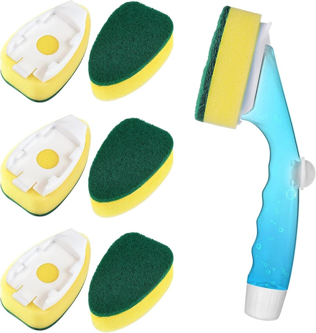 Non Scratch Dishwand Refills Handle, Dish Wand Refill Pack, 6 Heavy Duty Replacement Sponge Heads Set, Soap Dispenser Scrubbers, Dishwashing Scrub Dispensing Brush Pads, Dishwasher Cleaning Tool kit (7 Piece Set, Yellow)