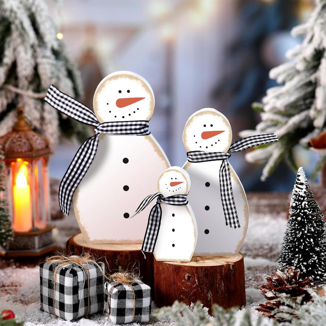 3 Pcs Winter Snowmen Wooden Decorations Rustic Christmas Snowmen Table Centerpieces Farmhouse Tiered Tray Decor Table Sign for Xmas Winter Holiday Party Home Office Shelf