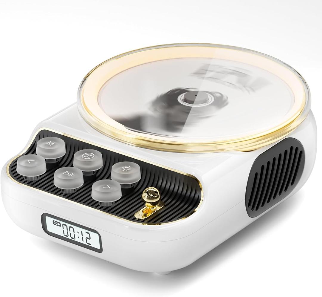 4 in 1 Retro Portable CD Players with Bluetooth Speakers, FM Radio, Night Light, LCD Display, 4000 mAh Battery, Vintage Radio Built in Dual Speakers Supports USB/AUX/Type-C for Home (White)