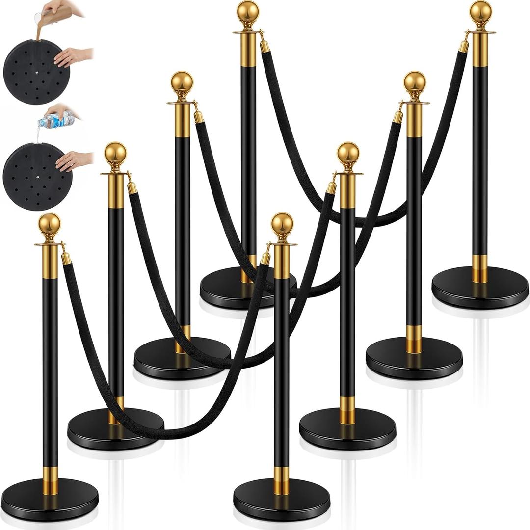Ferraycle 8 Pcs 2026 Prom Stainless Steel Stanchion 5 ft Velvet Carpet Ropes and Pole Crowd Control Barriers Grand Opening Casino Movie Theme Party 360 Photo Booth Accessories (Black and Gold)