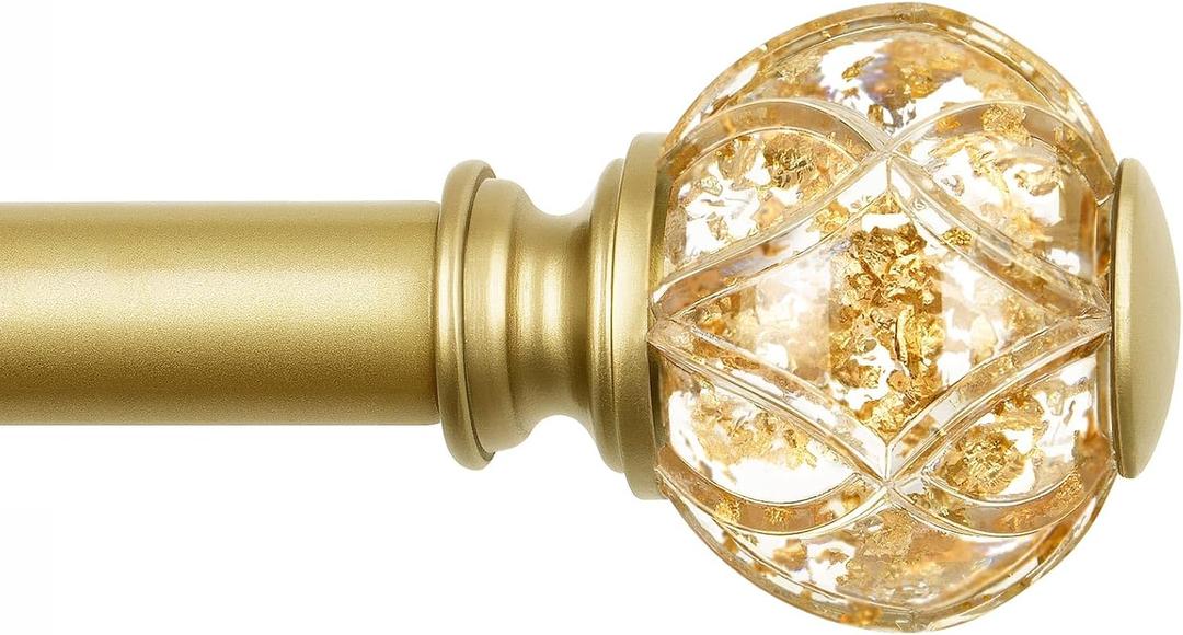KAMANINA Gold Curtain Rod 32 to 58 Inch (2.6-4.8 ft), 7/8 Adjustable Single Curtain Rods for Windows 28 to 48 Inch, Decorative Splicing Drapery Rods with Crystal Translucent Finials
