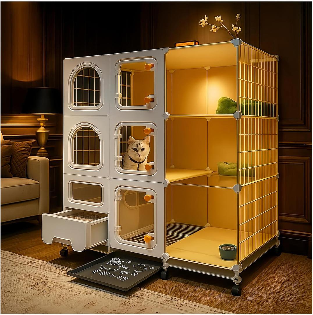 Cat Cage Indoor with Litter Box, Complimentary Bed, Bowl, Cleaning Three Piece Set, Large Cat Enclosure, Cat House with Wheels Outdoor, Small Animal Cage Cat Kennel, White, 41.8(L) x 18.1(W) x 46.1(H)