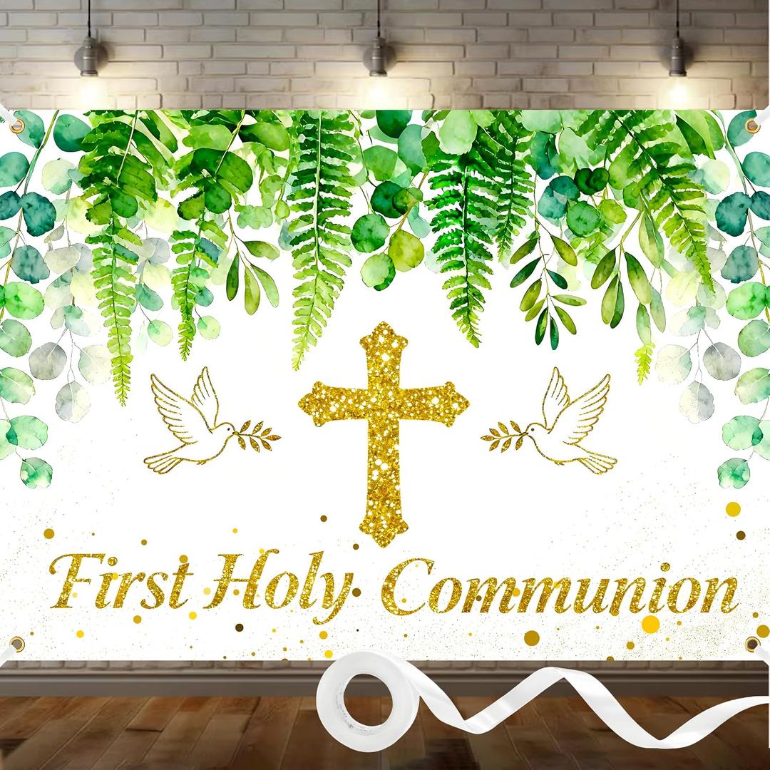 Greenery First Holy Communion Backdrop 7x5ft Polyester First Communion Decorations God Bless Baptism Photo Banner for Boys Girls Newborn Christening Confirmation Backdrop with Ribbon