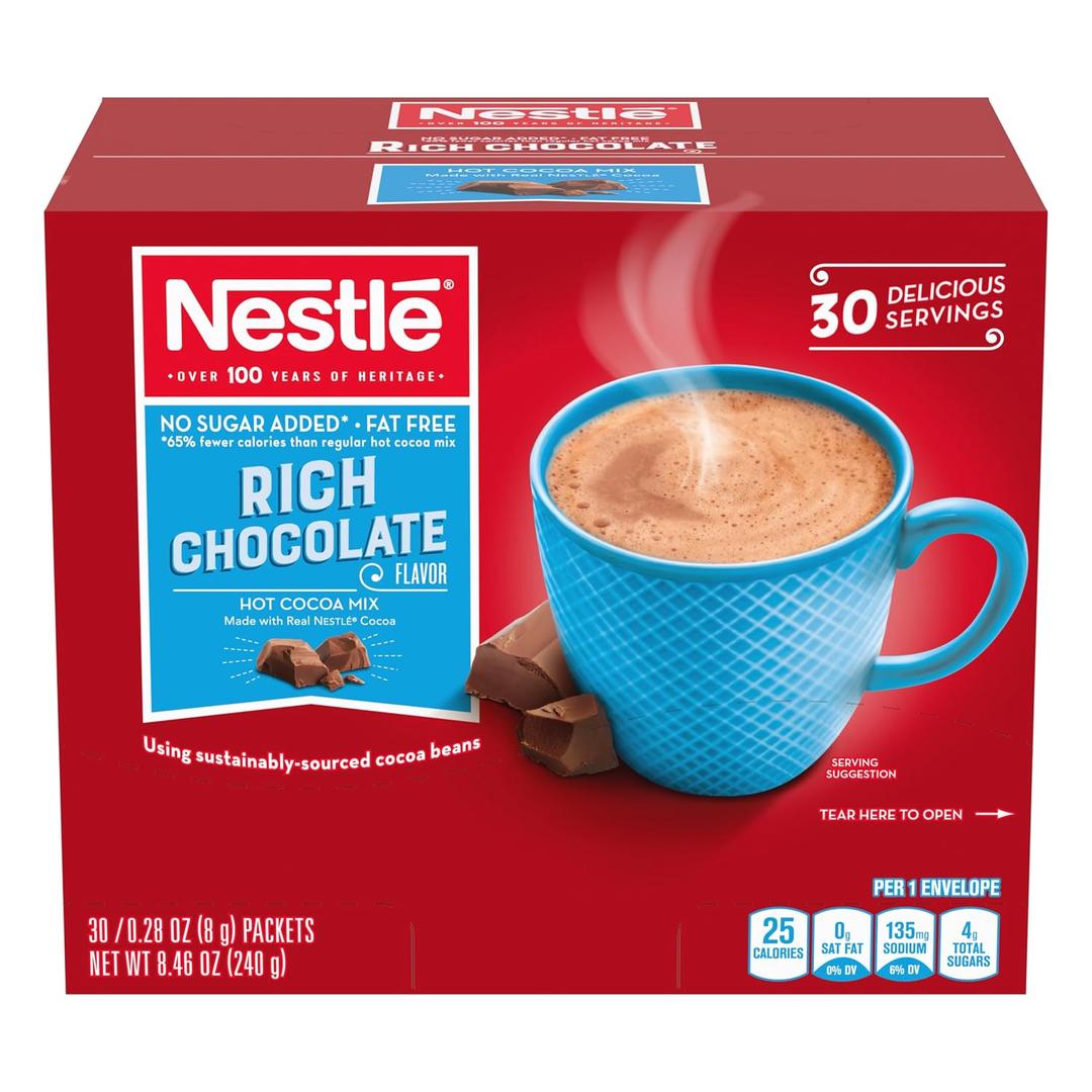Nestle Hot Chocolate Packets, Hot Cocoa Mix, No Sugar Added and Fat Free, Bulk Pack, 0.28 oz Packet (Pack of 30) (EXP 12/31/26)