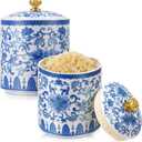 2 Pcs Vintage Blue and White Porcelain Salt Cellar with Lid Ceramic Salt Holder Container for Countertop Coffee, Sugar, Spices and Candies, Airtight Spice Jar, Kitchen Storage Dish