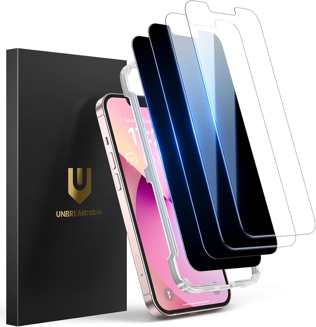 UNBREAKcable 4PCS Screen Protector for iPhone 13-2 Privacy Tempered Glass+2 Clear Glass Double Shatterproof [Easy Installation Frame] [9H Hardness] [Case Friendly] Anti-Scratch for iPhone 6.1 inch