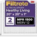Filtrete 20x20x1 AC Furnace Air Filter, MERV 12, MPR 1500, CERTIFIED asthma & allergy friendly, 3 Month Pleated 1-Inch Electrostatic Air Cleaning Filter, 2-Pack (Actual Size 19.69x19.69x0.78 in) (20 x 20 x 1)