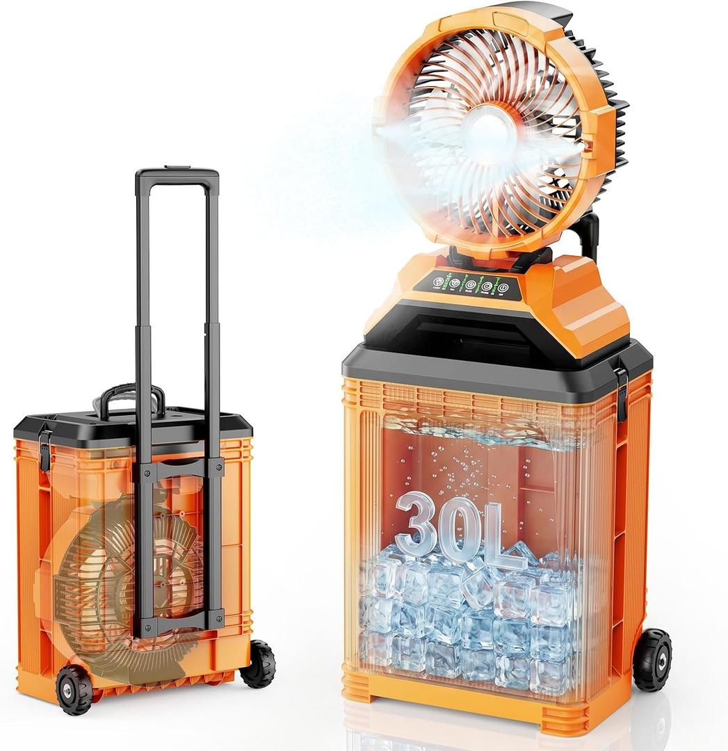 30L Bucket Portable Misting Fan, 30000mAh Rechargeable Battery Powered Oscillating Cooling Fan, 4 Strong Winds, Brushless Motor Outdoor Fans for Fishing/Travel/Garden/Golf/Tent/Office