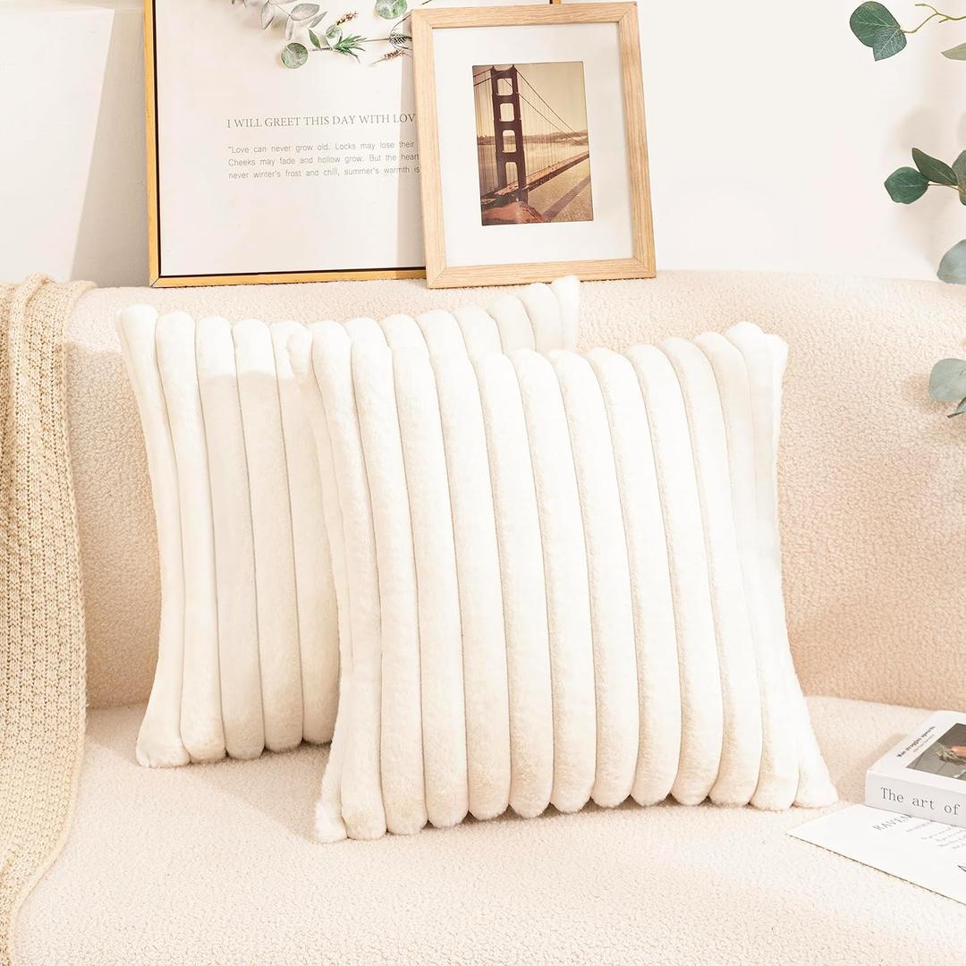 Uhomy Set of 2 Faux Fur Home Decorative Throw Pillow Cover Luxury Super Soft Fuzzy Striped Furry Pillowcase for Sofa Couch Bedroom Comfy Thick Fluffy Plush Cushion Cover 18x18 Inch 45 cm White