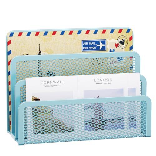 Marbrasse Mail Organizer for Desk, 3-Slot Mesh Metal Mail Holder countertop, Letter Holder, Office Desktop Envelope and Document Storage Rack (Blue)