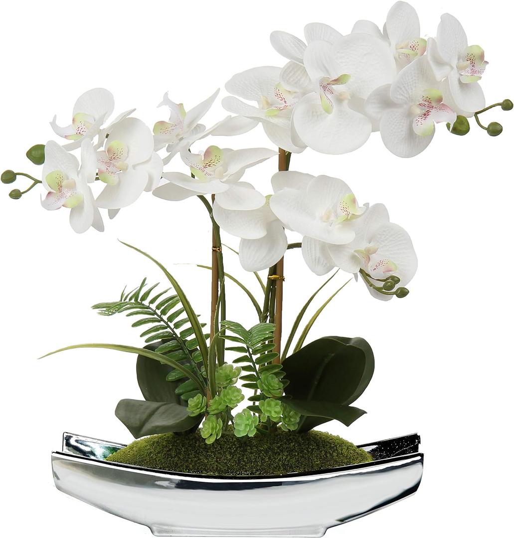 Briful Orchids Artificial Flowers 15" White Phalaenopsis Orchid with Silver Pots Real Touch Faux Orchid Plant for Home Office Living Room Table Decoration (White#2)