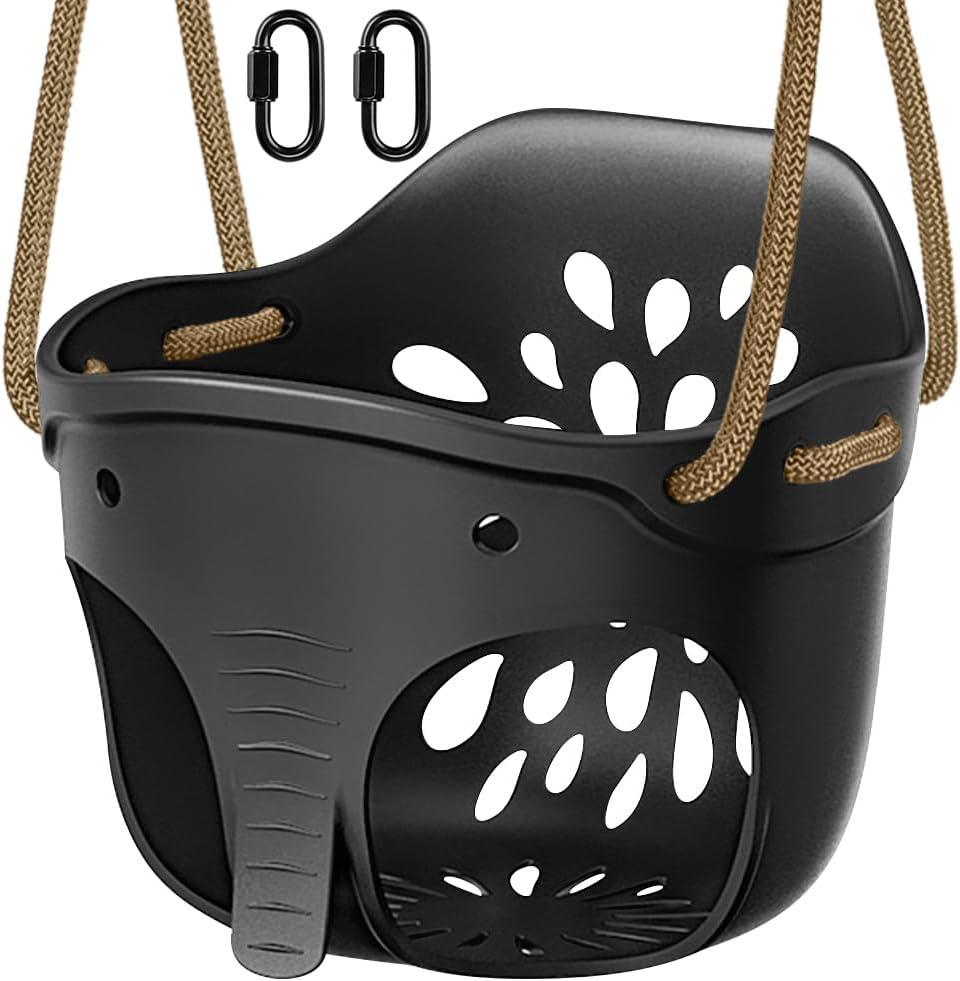 SELEWARE Heavy-Duty High Back Full Bucket Toddler Swing Seat with Locking Carabiners and Adjustable Rope, Cute Elephant Shape Design, 600LB Weight Limit (Bucket Swing, Black)