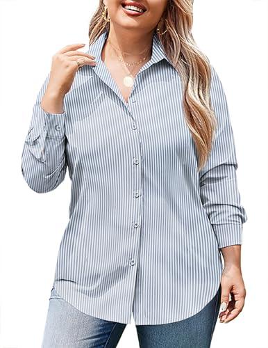 IN'VOLAND Women's Plus Size Button Down Shirts Casual Plus Size Boyfriend Shirt Long Sleeve Striped Blouse, 18W