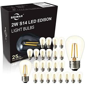 BRIMAX Pack of 25, 2W S14 Replacement LED Bulbs,2700K Soft Warm White, Shatterproof Waterproof Outdoor String Light Bulbs Dimmable,E26 Medium Base,Plastic Edison Bulbs for Patio Garden