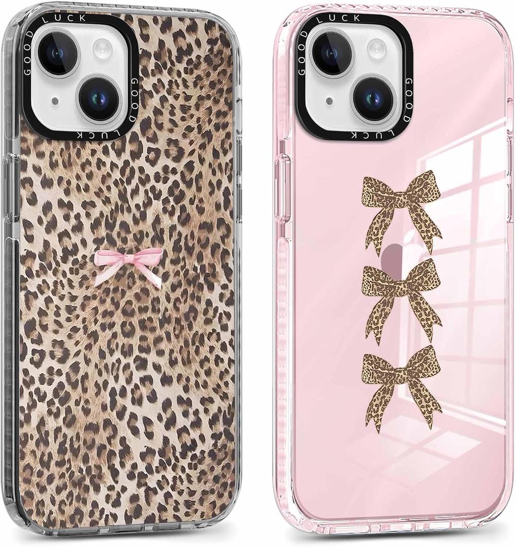 2 Pack Cute Cheetah Print Phone Case for iPhone 13 / iPhone 14 Pink Bow Case 6.1", Clear Coquette Fashion Luxury Leopard Pattern Design Girls Women Funda Shockproof Soft TPU Protection Cover
