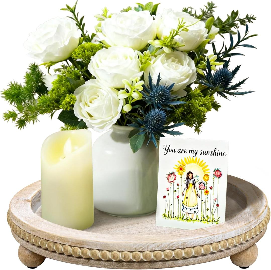 Wood Round Tray for Wooden Coffee Table Decor, Wood Raise Candle Tray Holder Plate,Farmhouse Small Decorative Trays Beade, Rustic Serving Tray for Kitchen Table, Home Decor, Living Room, Brown (Wash White)