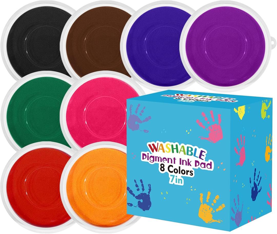 7 Inch Large Ink Pad for Kids Washable | Washable Stamp Pads for Classroom Stamps, Scrapbook Supplies Kit & Fabric Crafts (8 Colors)