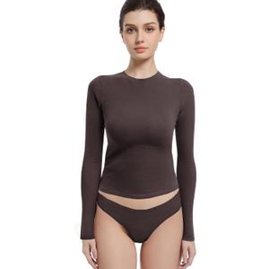 Long Sleeve Shirts for Women Crewneck Basic Tees T Shirts Fitted Crop Tops Y2k Going Out Tops (Large, Dark Coffee)