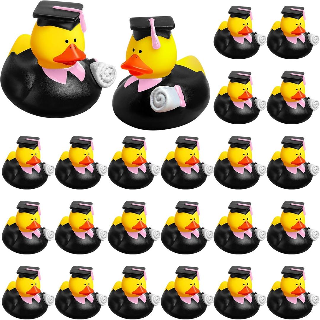 Sratte 24 Pack 2" Graduation Ducks Class of 2025 Diploma Grad Bulk Rubber Ducks for Cruise Student Adults Graduates Gift Prize Graduation Party Decorations School College(Black, Pink)