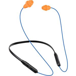 HomeSpot Noise Reduction Wireless Neckband Headphones with Qualcomm aptX HD, 27dB NRR, CVC Noise Cancelling Mic & Controls and 20H Playtime for Work Safety OSHA Compliant  Blue Wire Orange Earbuds