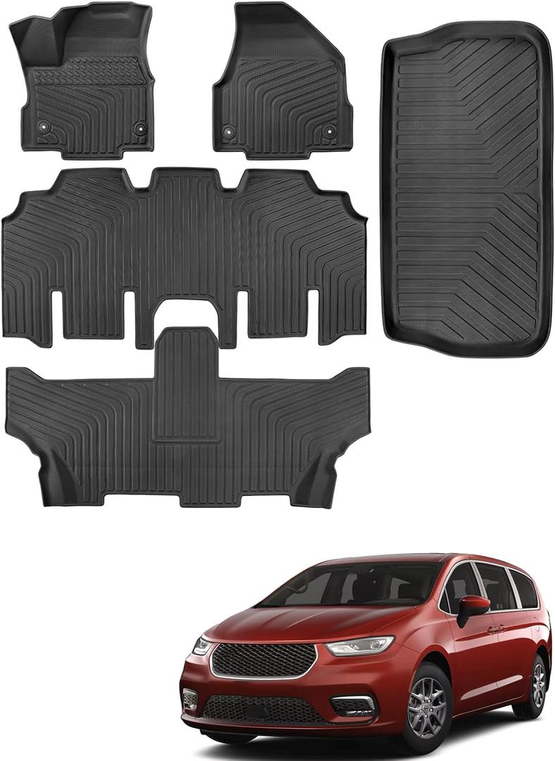 for Chrysler Pacifica 2017-2025 2026 7/8 Passenger (No Hybrid) Floor Mats Cargo Liner Carpet All Weather TPE Mat for Voyager 2020-2026, for Pacifica/Voyager 2018 2019 2021 2022 2023 2024 Accessories