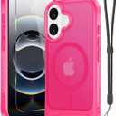 for iPhone 16 Case with Screen Protector+ Lanyard Wrist Strap, Magnetic Translucent Matte Rugged Slim Phone Cover Built in Invisible Kickstand [Fit for MagSafe],Hot Pink