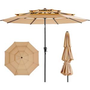HOMSHADE 9FT 3-Tiers Outdoor Patio Umbrella with 5-Year Fade Resistant,Vented Outdoor Commercial Market Umbrella with UPF50+ UV Protection & Push Button Tilt and Crank for Pool,Backyard(Beige)