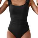 Eomenie One Piece Swimsuit for Women Puffy Sleeves Tummy Control Bathing Suit Tie Back Swimwear (Small, Black)