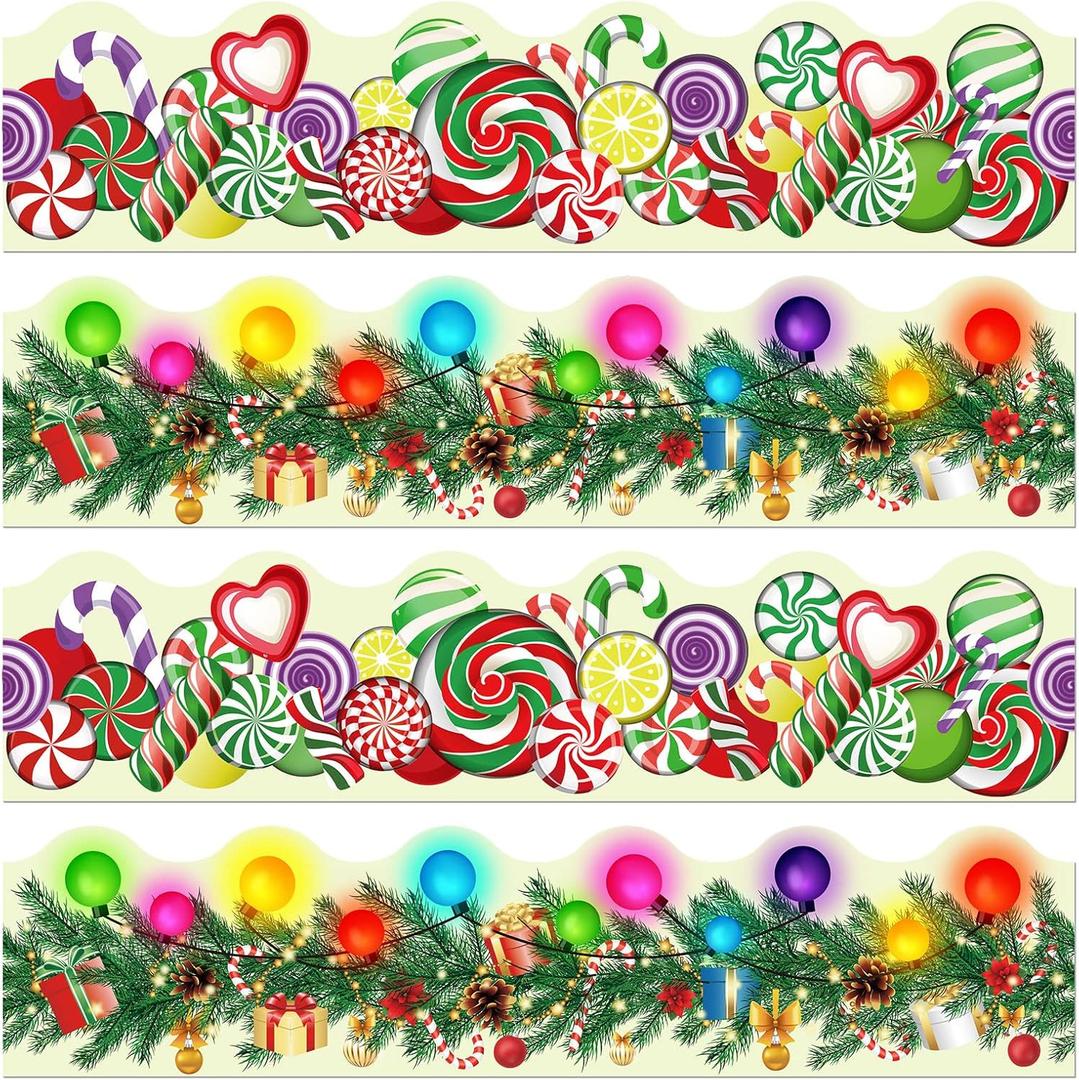60 Pieces 59 Feet Christmas Bulletin Board Borders Holiday Candy Lights Trim Border Pine Needles Classroom Bulletin Board Sticker Xmas Red Green Scalloped Border for Winter Christmas School Decoration