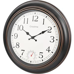 Large Outdoor Clock Waterproof 18" - Retro Indoor Outdoor Wall Clocks with Thermometer for Patio Pool Garden Living Room Decor,Bronze