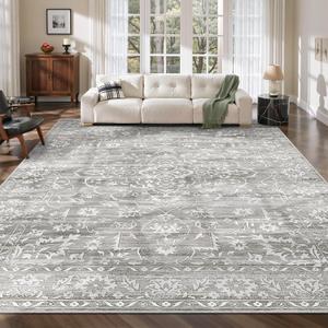 Soalmost 9x12 Washable Area Rugs for Living Room, Vintage Floral Stain Resistant Non-Slip Low Pile Neutral Rug Soft Throw Large Carpet for Dining Room Bedroom Farmhouse Home Office (Grey, 9'x12')