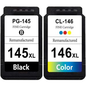Remanufactured for Canon Ink Cartridges 145XL and 146XL PG-145XL CL-146XL Replacement Ink for MG2510 TS3110 IP2810 MG2410 MG2910 MG3010 Printers Muti Pack 1 Black 1 Color