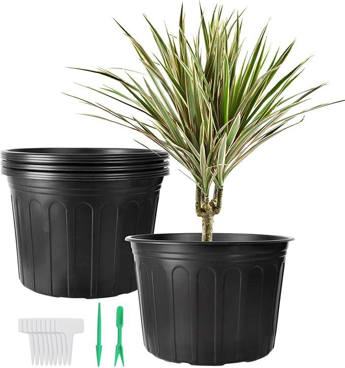 12 Pack 5 Gallon Nursery Pots Thickened Soft Plastic Plant Pots with 20 Pcs Waterproof Plastic T-Type Plant Tags and 2Pcs/Set Transplanting Digging Mini Tools