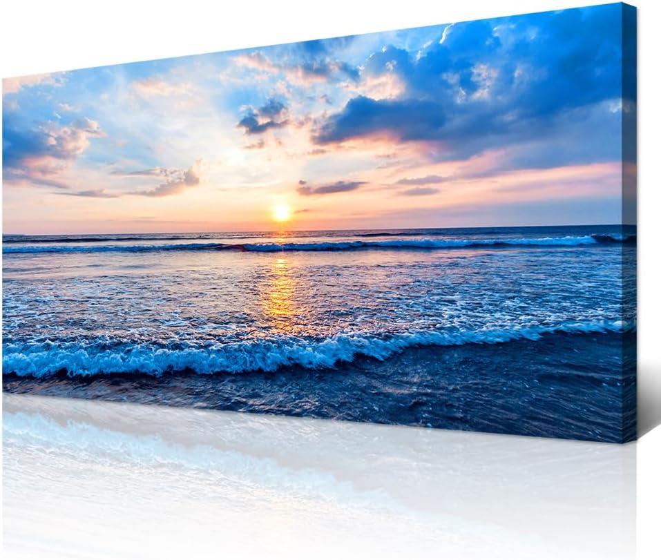 Wapluam Canvas Wall Art For Living Room Office Wall Decor Blue Beach Ocean Sea Waves Landscape Wall Painting Ready To Hang Bedroom Home Decorations Canvas Prints Posters Pictures Wall Mural Artwork (40"L x 20"W)