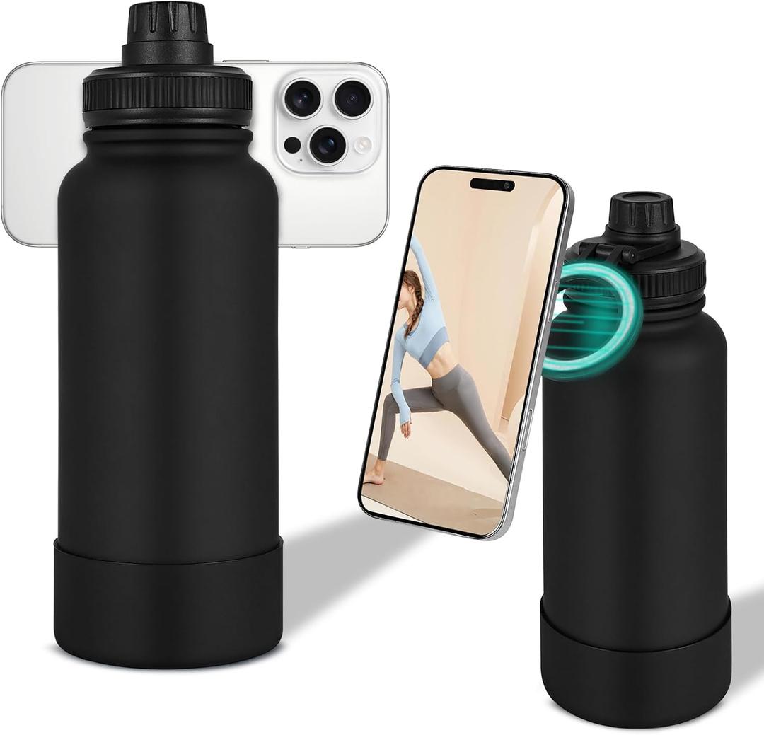 34oz Insulated Magnetic Water Bottle | Compatible with MagSafe Phone Holder | Stainless Steel Water Bottle | BPA Free 12H Hot & 24H Cold | Perfect for Gym, Sports, Travel, Car and Work (Black)
