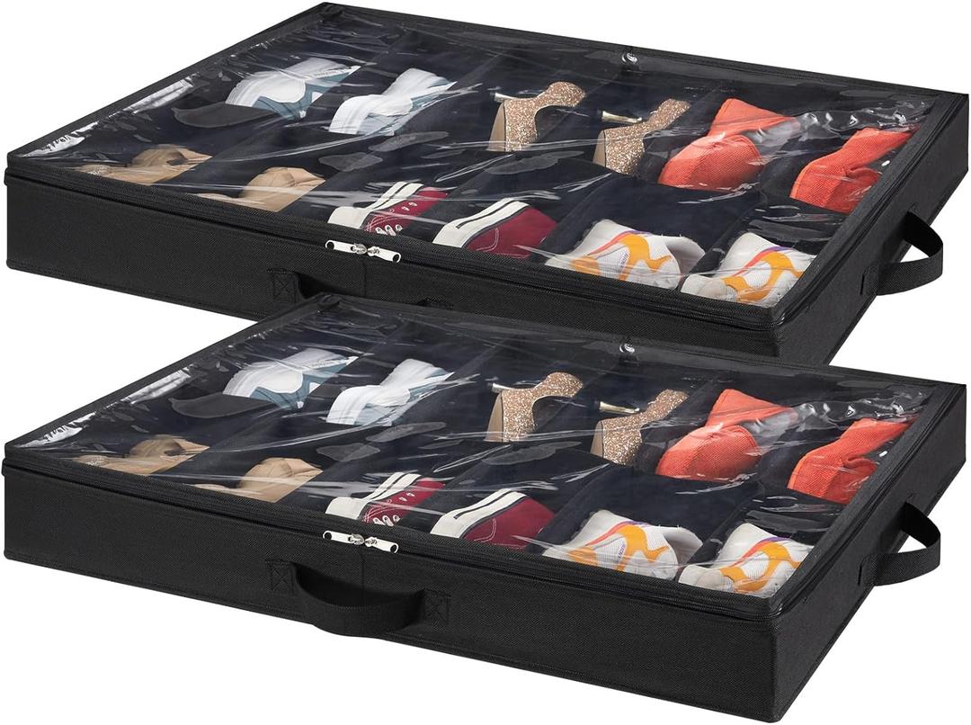 Lifewit Under Bed Shoe Storage Organizer Set of 2, 4.3 Inches Tall Low Profile Fabric Shoes Container Box with Clear Cover, Foldable Storage Bag with 2 Handles, Total Fits 24 Pairs of Shoes, Black